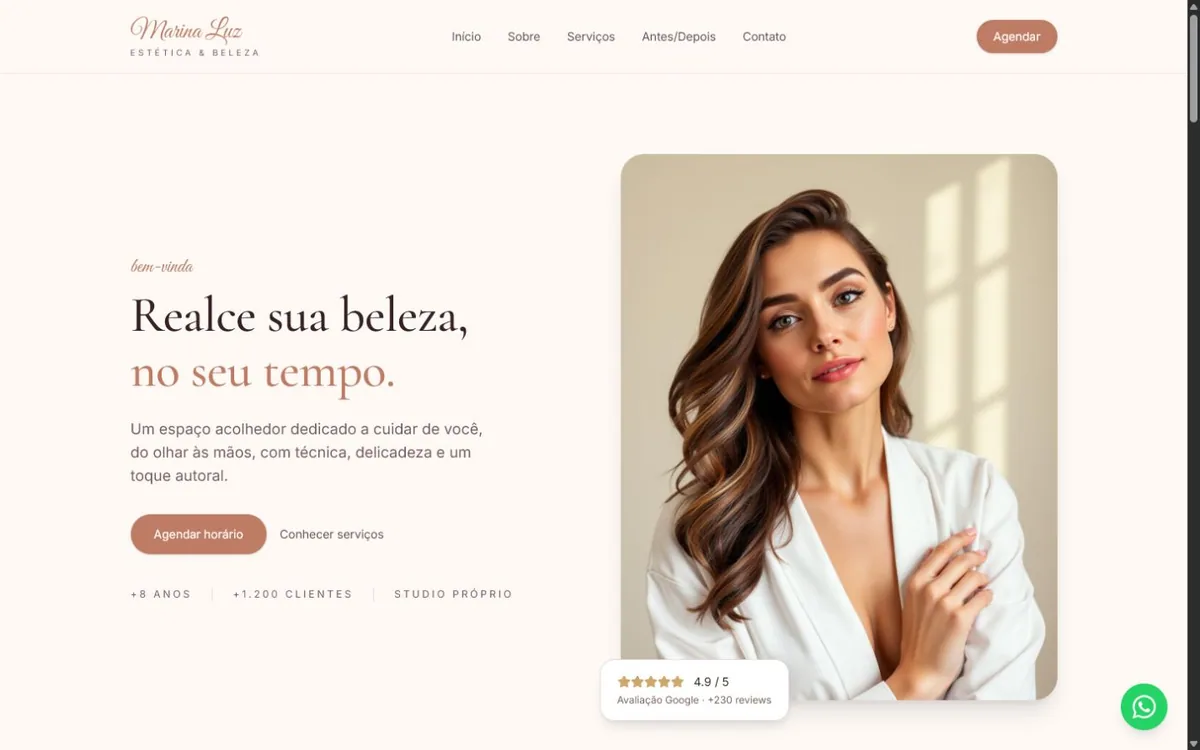 Ateliê Marina Luz. Organiza serviços de beleza e conduz novos pedidos de agendamento.