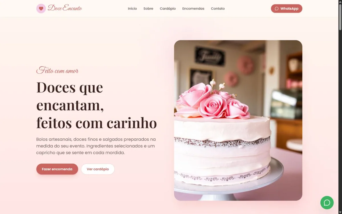 Doce Encanto. Apresenta um cardápio artesanal e conduz novas encomendas para o WhatsApp.
