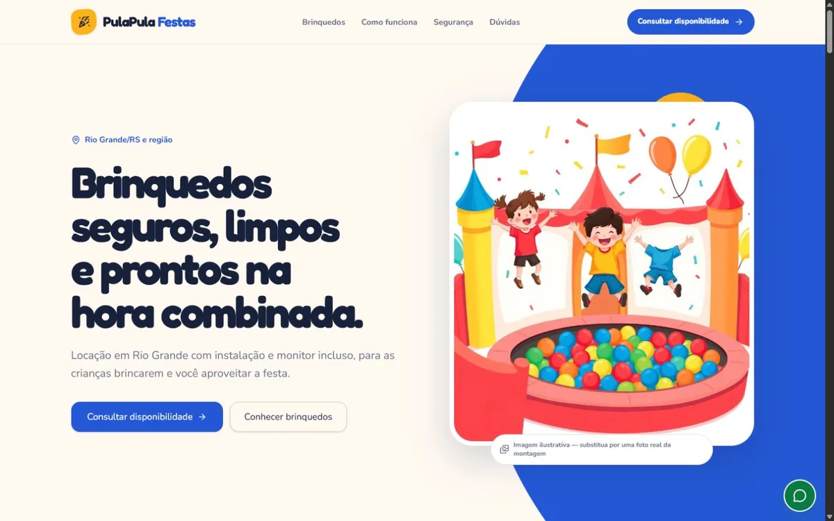 PulaPula Festas. Explica a locação de brinquedos e facilita pedidos de orçamento para festas.