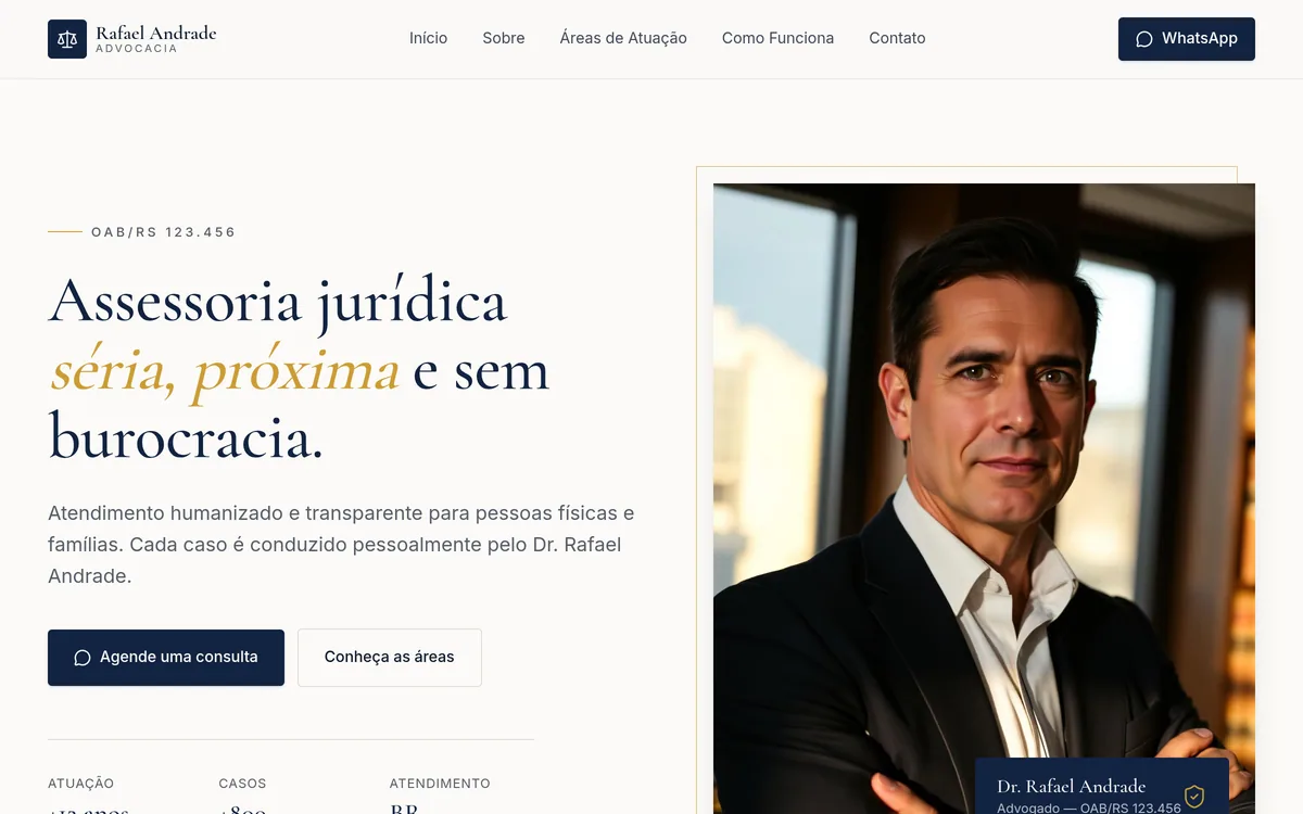 Rafael Andrade Advocacia. Apresenta áreas de atuação e facilita o primeiro contato para consultas jurídicas.