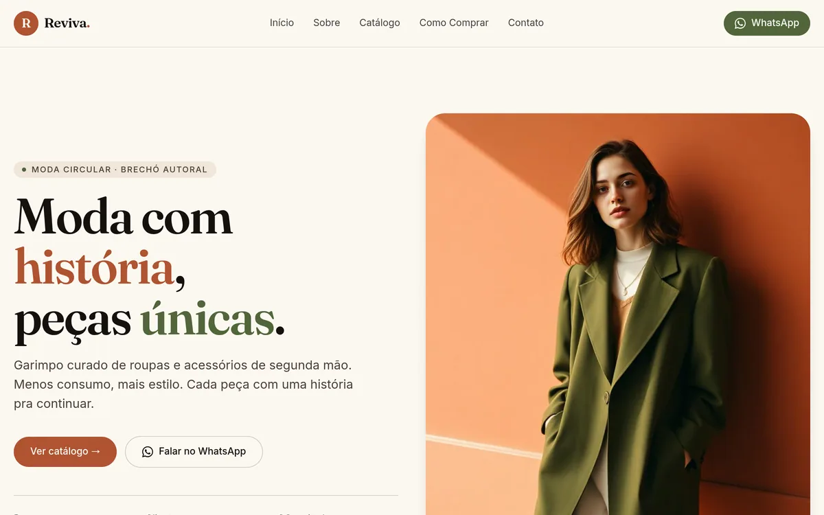 Reviva Brechó. Apresenta peças em um catálogo digital e leva novos pedidos ao WhatsApp.