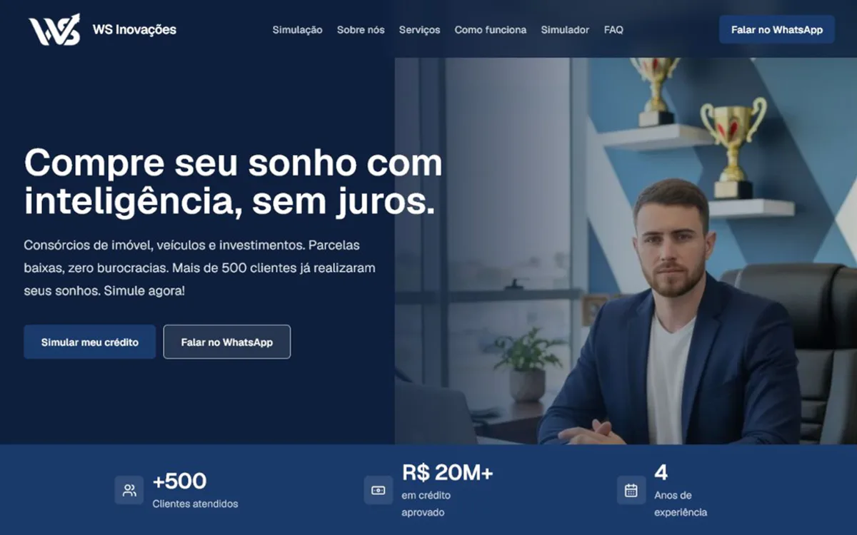 WS Inovações. Apresenta modalidades de consórcio e conduz visitantes para simulação e atendimento.